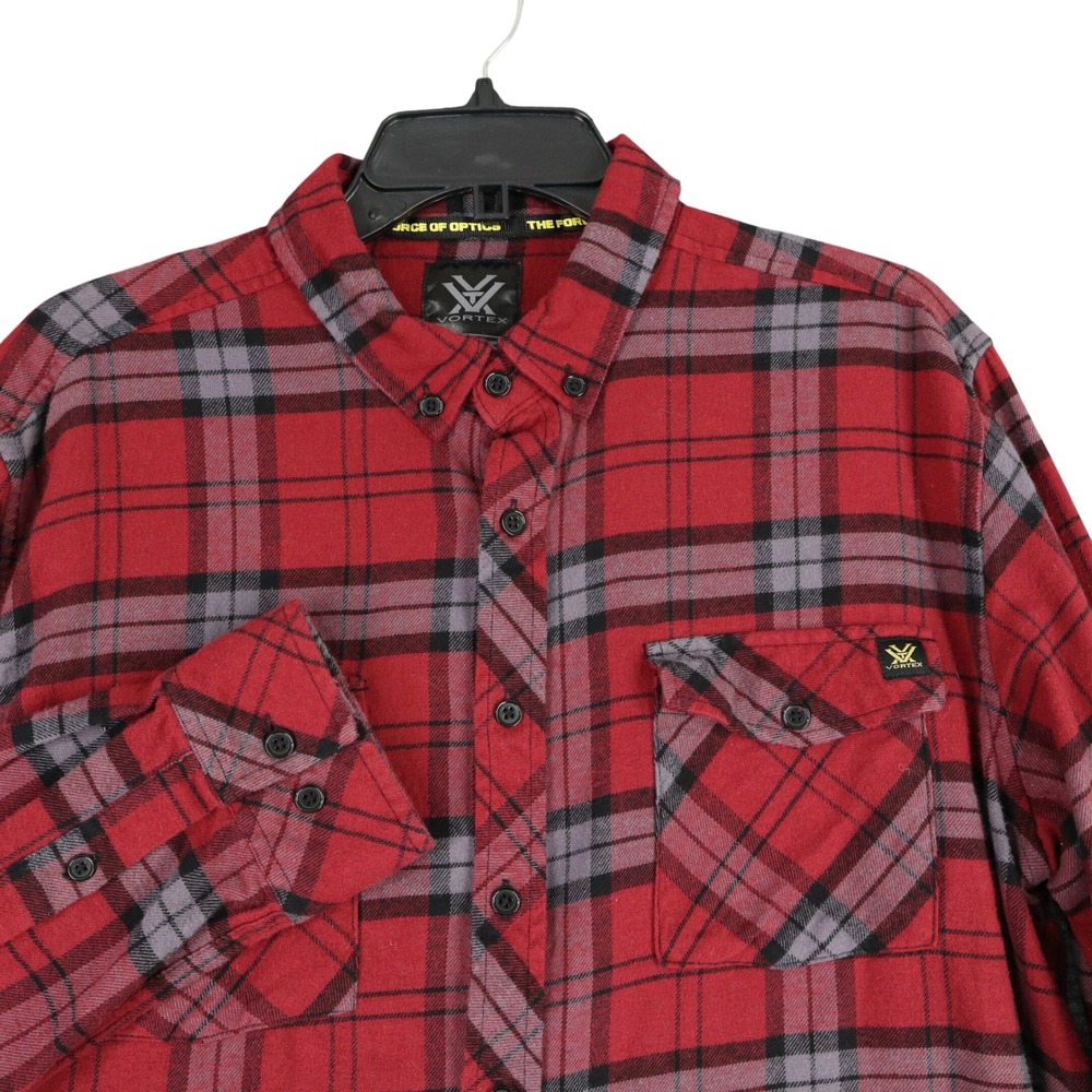 Vortex Plaid Flannel Shirt Mens L Red Gray Button Front Hunting Outdoors Rugged